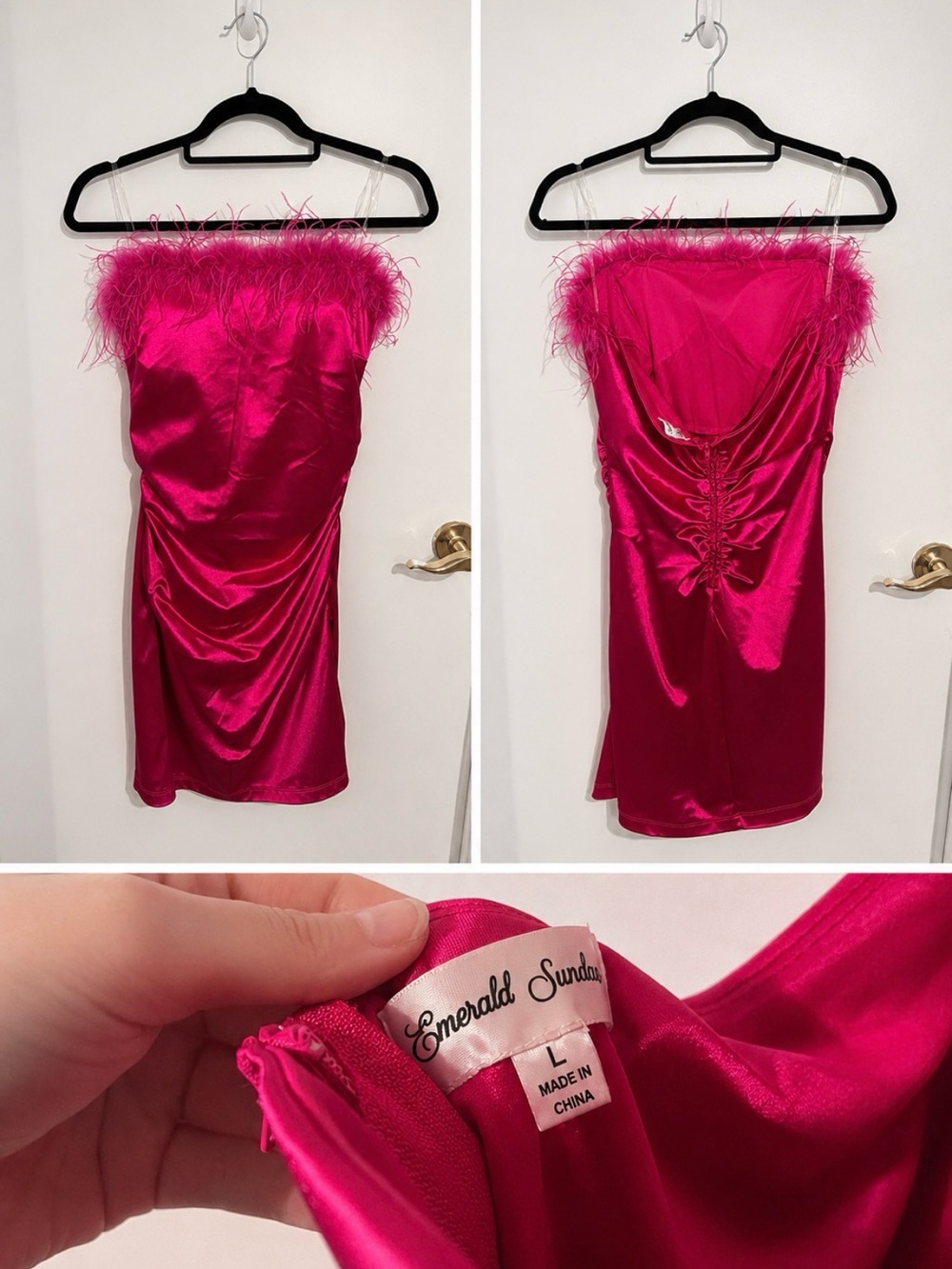 Emerald Sundae Hot Pink Satin Feather-Trim Strapless Mini Dress